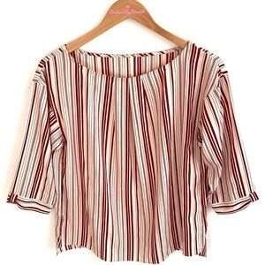 Ofuon Basic Cream & Burgundy Striped 3/4 sleeve Blouse, size M
